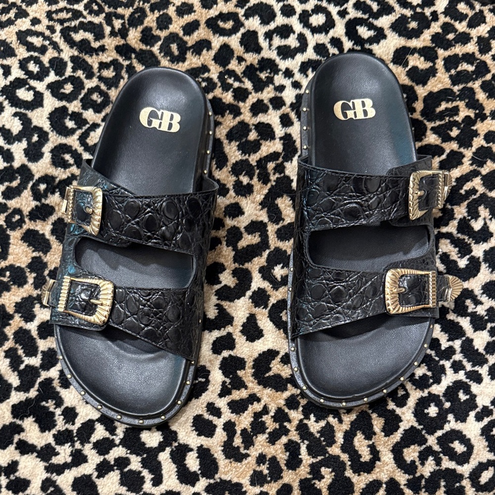 Gianni Bini  Black Textured Sandals with Gold Accents
